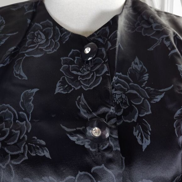 Vintage 80s Peplum Satin Midi Skirt Set Size 6 Black Floral Rose Print Goth - Picture 3 of 16